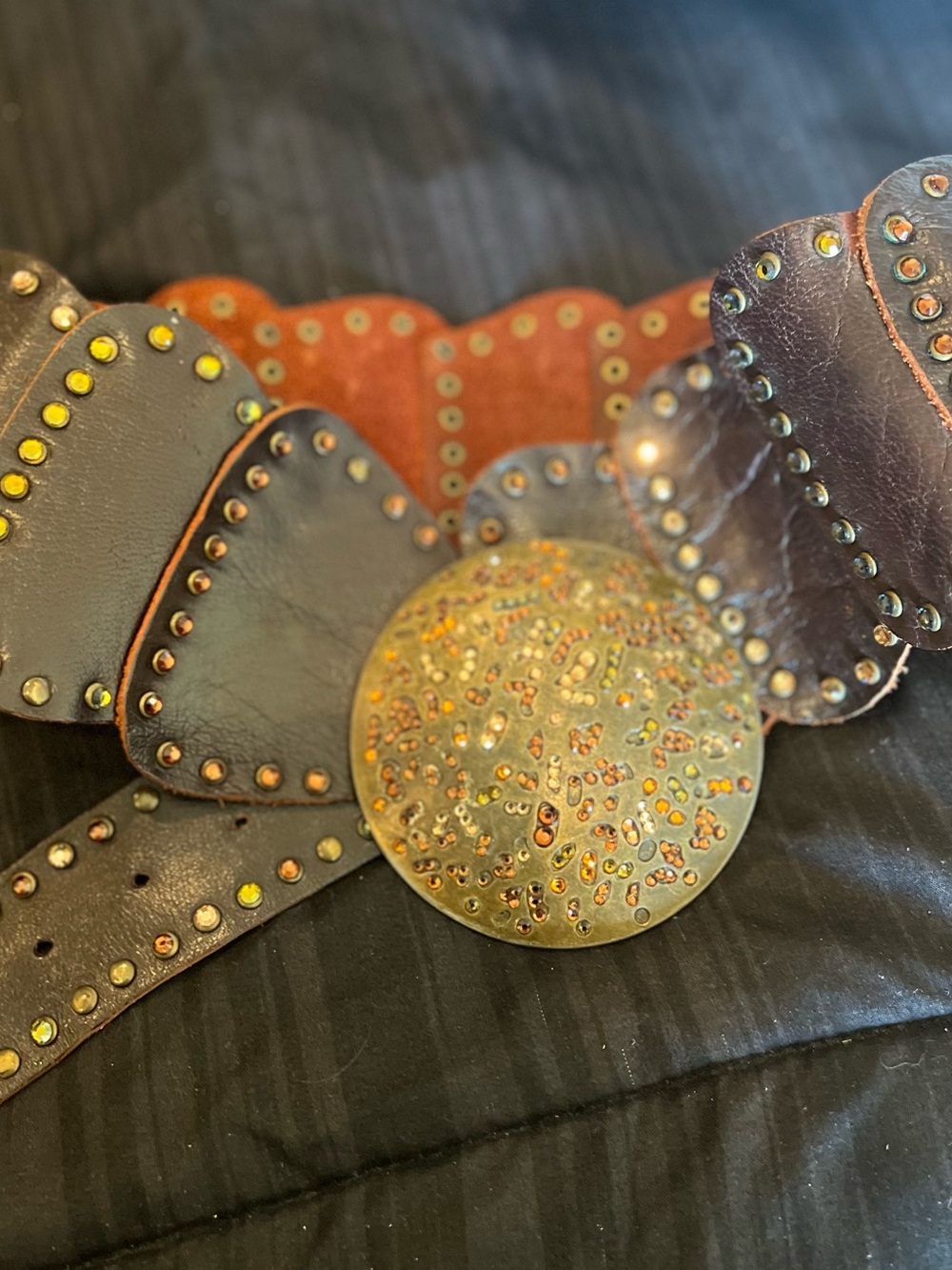 Wide Brown Leather Waist Belt with Decorative Patina Medallion